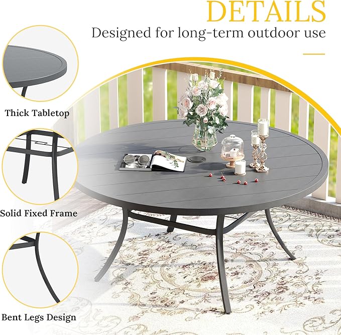 VICLLAX 63" Outdoor Round Patio Table with Umbrella Hole, All Weather Metal Round Outdoor Dining Table for Lawn Garden, 8-10 Person Table, Grey