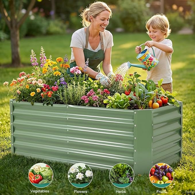 Galvanized Raised Garden Bed - 4x2x1.4ft (2Packs) Metal Garden Planter Box Outdoor | Steel Raised Bed Kit with Bracing Rods, Gloves for Gardening Vegetables Fruits and Flowers