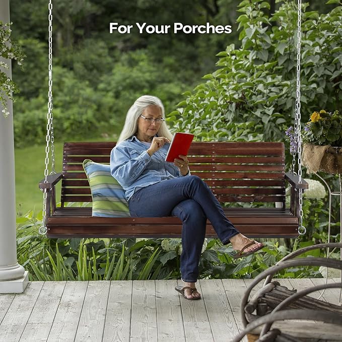 VINGLI Heavy Duty 880 LBS Patio Porch Swing Outdoor PU Painting, Hanging Chair with Adjustable Secure Chains, Finished Outdoor Bench Tree Swing for Yard | Garden | Lawn | Balcony (5 FT, Rustic)