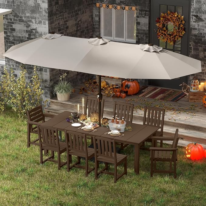 9-Piece Brown Outdoor Dining Set with White 15FT Large Patio Umbrella, 75.2'' HDPE Table & Chairs for 8, Weather-Resistant Furniture with Umbrella Hole for Patio, Lawn, Poolside