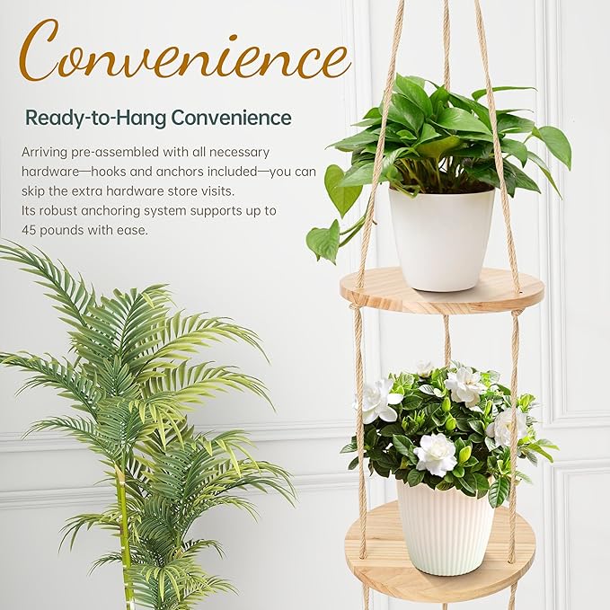 Hemp Rope Hanging Plant Shelf from Ceiling for Narrow Space Boho Hanging Plant Shelves, Natural Pine Wooden Plant Stand Display for Indoor, Outdoor, Corner, Balcony, Living Room and Bedroom