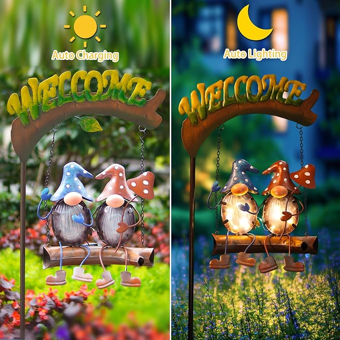 HONGLAND Gnomes Garden Decor Solar Lights, 48 Inch Welcome Sign Swing Yard Decorations Outdoor Decorative Stake for Lawn Porch Backyard Patio, Gnome Gardening Gifts for Women Mom