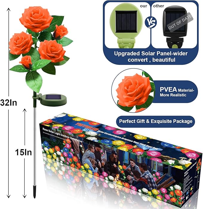Solar Flower Lights Outdoor - Upgraded New Material Two Modes Realistic LED Solar Powered Waterproof Lights with 5 Roses, Solar Decorative Stake Lights for Garden (Orange, 2 Pack)