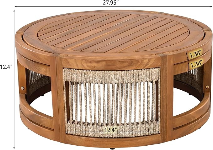 Merax 4-Piece Patio Premium Acacia Wood Outdoor Furniture Set,All Weather Curved Tub Design with Woven Rope Accents Loveseat Chairs and Table for Backyard, Balcony and Deck,Teak+Grey