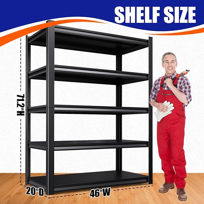 71" H-46 W Garage Shelving Heavy Duty Storage Shelves, Metal Adjustable Shelving Unit, Utility Garage Organizer Shelf for Basement, Pantry, Kitchen, Warehouse, 20" D x 46" W x 71.2" H, Black