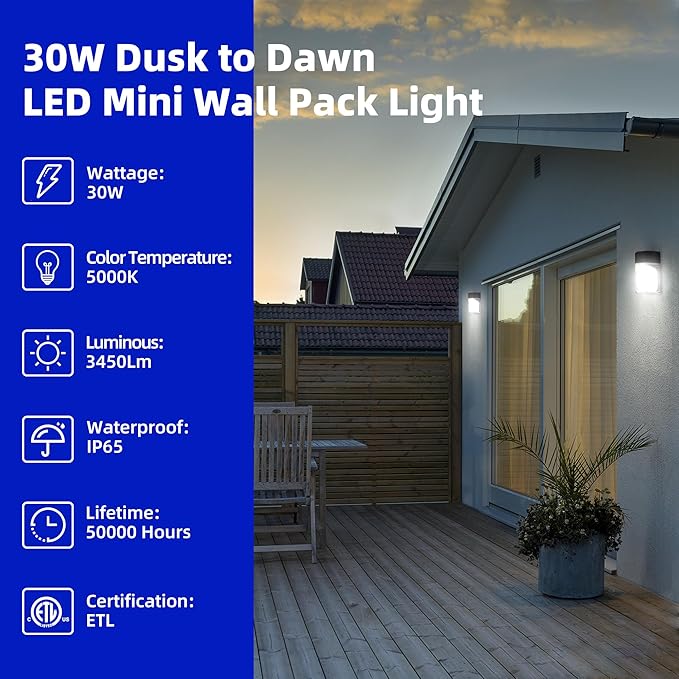 hykolity Update 30W LED Wall Pack Light with Photocell, 3450LM 5000K Daylight Dusk to Dawn 120V LED Outdoor Wall Mount Light, 150-250W MH/HPS Replacement, Waterproof Security Lighting-4 Pack
