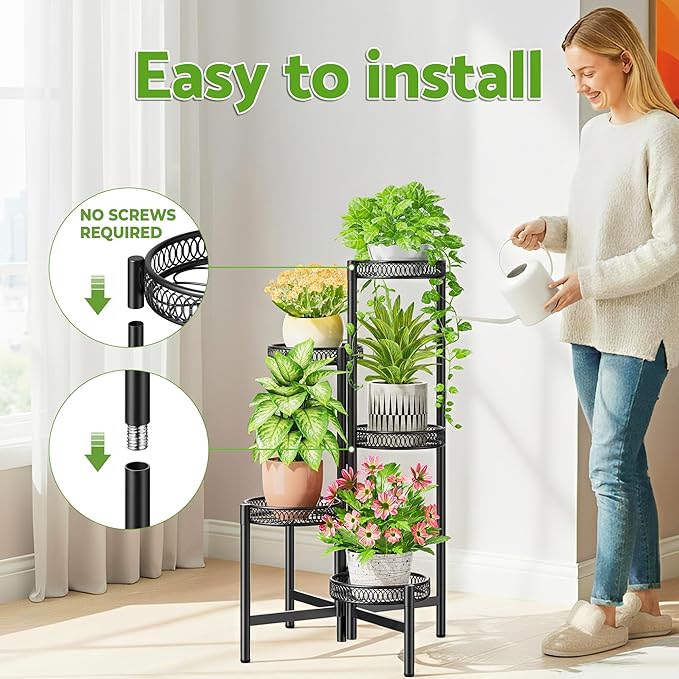Plant Stand Indoor Outdoor, 5 Tier Corner Metal Flower Display Holder Stand, Folding Tall Plant Rack for Patio Balcony Porch Garden Living Room House, Heavy Duty Wrought Iron Plant Shelf - BlackFlower