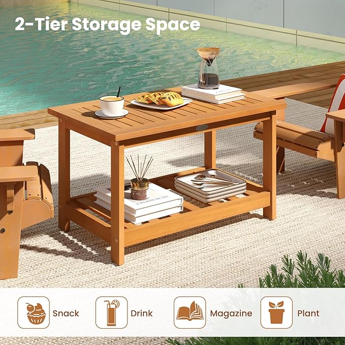 Tangkula Outdoor Acacia Wood Coffee Table, Patio 29.5” Rectangle Slatted 2 Tier Coffee Table with Storage Shelf, for Outside Balcony Patio Poolside