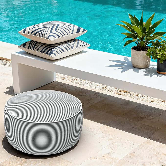 LVTXIII Indoor/Outdoor Inflatable Ottoman with Handle D21 x H9 Inch, Weather-Resistant Round Footstool Pouf for Patio Camping Living Room, Portable Footrest Extra Seating, Topanga Stripe Grey