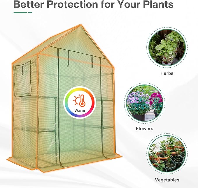Aoodor Walk-in Greenhouse with 4 Shelves, 4.7×2.5×6.4 ft Outdoor Garden Plant House with PE Cover for Growing Vegetables, Flowers, Herbs