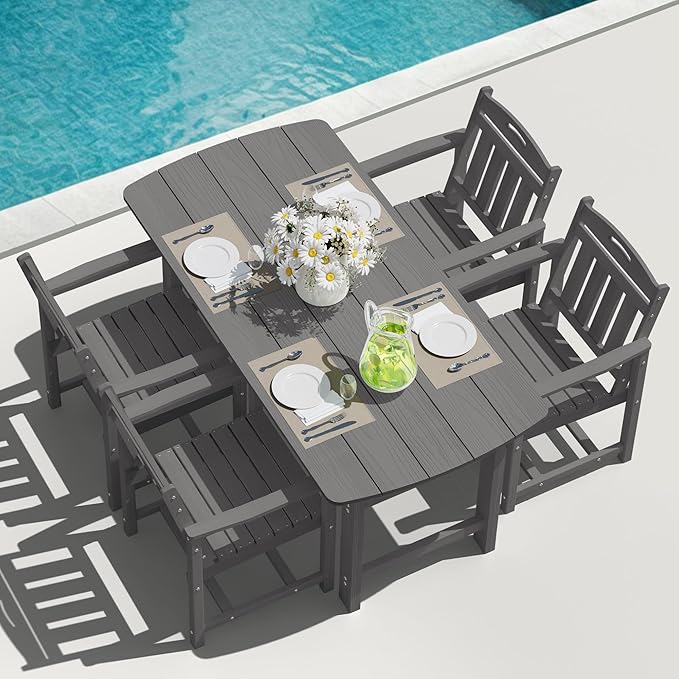 HDPE Outdoor Patio Dining Set with Table & 4 Chairs, All-Weather 5-Piece Outdoor Table and Chairs, 2" Umbrella Hole, Patio Furniture for Garden, Backyard, Deck | Grey