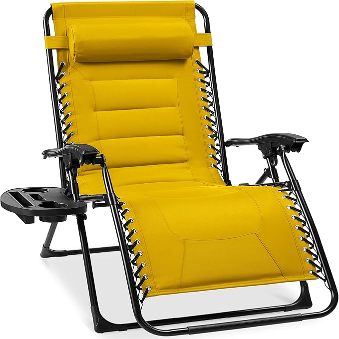 Best Choice Products Oversized Padded Zero Gravity Chair, Folding Outdoor Patio Recliner, XL Anti Gravity Lounger for Backyard w/Headrest, Cup Holder, Side Tray, Polyester Mesh - Yellow