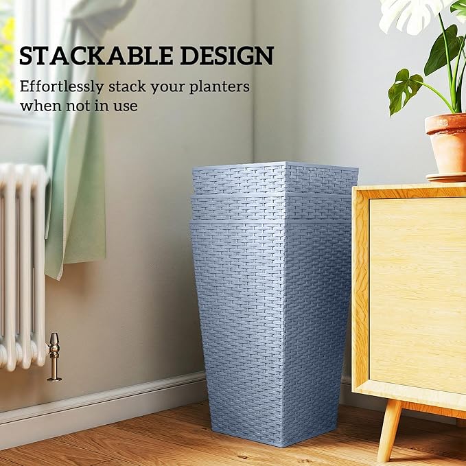 Outsunny Tall Planters for Outdoor Plants Set of 3, 24 in Taper Planters with Drainage Holes, Rattan Decor Plant Pots for Indoor Outdoor Front Porch Patio Backyard, Light Gray