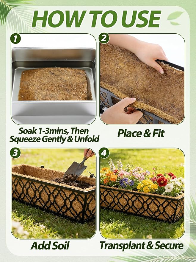 30in Tapered Coco Liners for Window Planter Box - 2 Pack 100% Natural Coconut Coir Fiber Liner Replacement for Deck Flower Box, Garden Railing Fence Wall Planter Basket