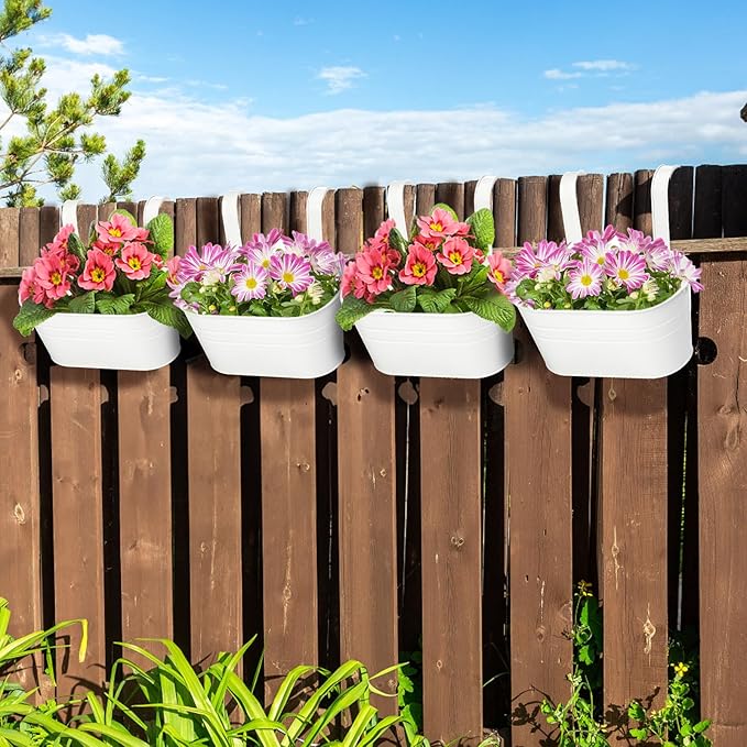 Foraineam 4 Pack Hanging Flower Pots, Metal Iron Plant Pot Holders, Large Fence Railing Balcony Garden Hanging Bucket Planters with Detachable Hooks for Indoor and Outdoor Decor