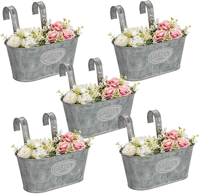 Briful 10'' Hanging Planter Outdoor 5PCS Metal Railing Planter for Herb Flower, Oval Galvanized Buckets with Detachable Hooks, Garden Fence Balcony Windowsill Hanging Pot, Grey