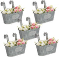 Briful 10'' Hanging Planter Outdoor 5PCS Metal Railing Planter for Herb Flower, Oval Galvanized Buckets with Detachable Hooks, Garden Fence Balcony Windowsill Hanging Pot, Grey