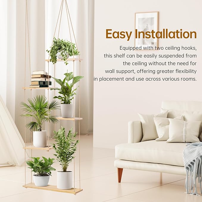 Hemp Rope Hanging Window Plant Shelf from Ceiling for Narrow Space Boho Hanging Plant Shelves, Natural Pine Wooden Plant Hanger Display for Indoor