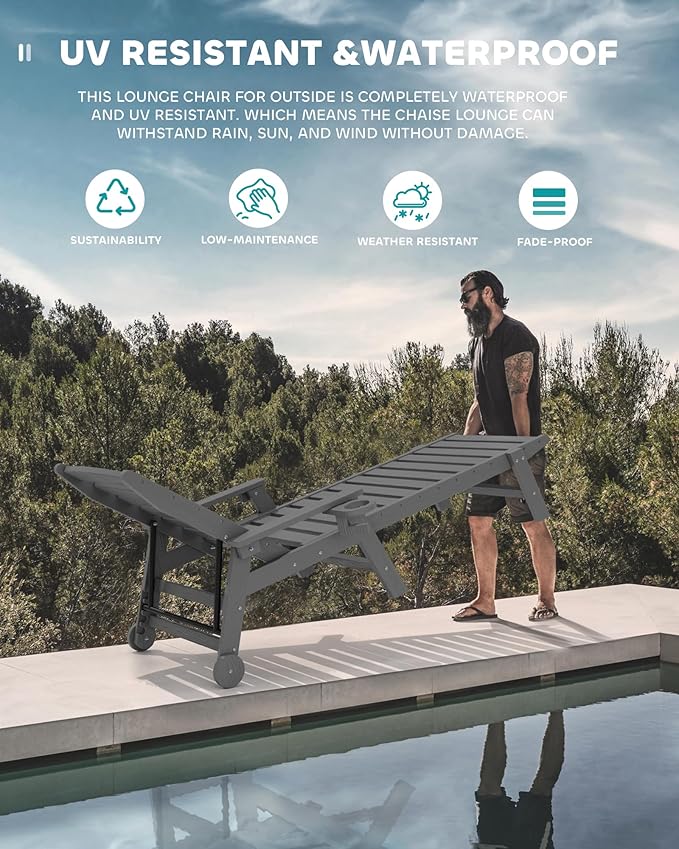 SERWALL Patio Chaise Lounge Chair Set of 2 with 9FT Patio Umbrella, 78'' HDPE Outdoor Lounger, Poly Lounge Chair with Rolling Wheels & Cup Holder for Pool,Slate Gray (Umbreall Base not Included)