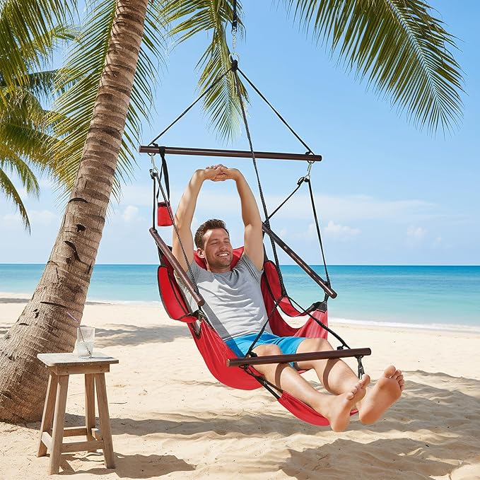 ONCLOUD Upgraded Unique Hammock Hanging Sky Chair, Air Deluxe Swing Seat with Rope (Red)