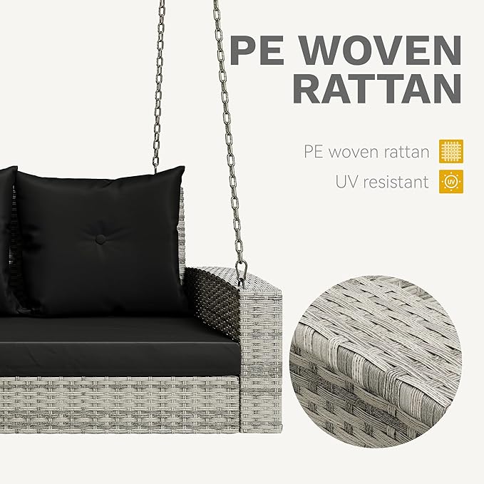DWVO 3-Seats Wicker Hanging Porch Swing Chair Outdoor Gray Rattan Patio Swing Lounge 3 Back Cushions Capacity for Garden, Balcony, Gray Rattan Black Cushion