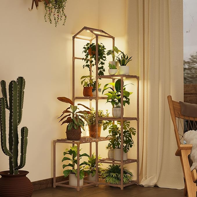 Bamworld Tall Corner Plant Stands with Grow Lights Indoor Outdoor Plant Shelves for Multiple Plants Display Haning Planter Living Room Pation Garden Decor