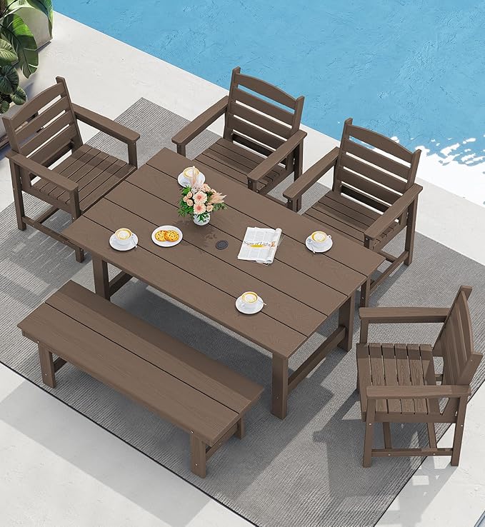 SERWALL Outdoor Dining Set for 6, HDPE Furniture Set with Umbrella Hole, All Weather Bench & Chairs, Coffee Table