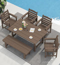SERWALL Outdoor Dining Set for 6, HDPE Furniture Set with Umbrella Hole, All Weather Bench & Chairs, Coffee Table