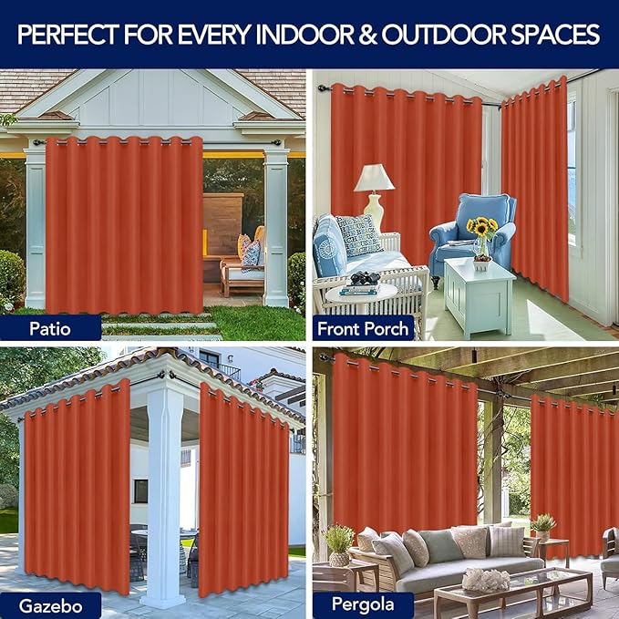 PureFit Outdoor Curtains for Patio Waterproof Weatherproof, UV Resistant Outside Curtains for Gazebo, Front Porch, Pergola, Sun Blocking Privacy Curtain, 120W x 84L inch, 1 Panel, Red Clay