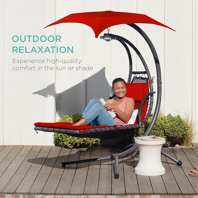 Best Choice Products Outdoor Hanging Curved Steel Chaise Lounge Chair Swing w/Built-in Pillow and Removable Canopy - Red