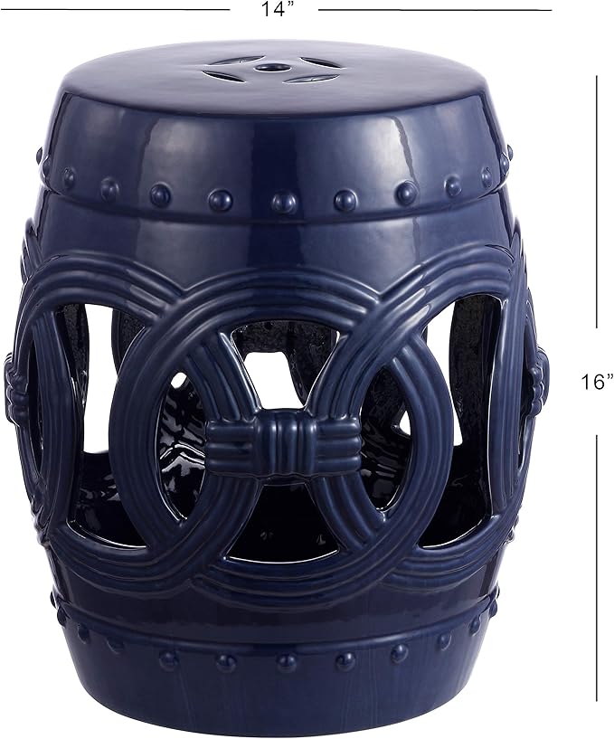 JONATHAN Y TBL1022B Lucky Coins 16" Chinese Ceramic Drum Indoor/Outdoor Garden Stool Bohemian, Coastal, Classic, Cottage, French Country, Traditional, Side Table, Plant Stand, Spill-Proof, Navy