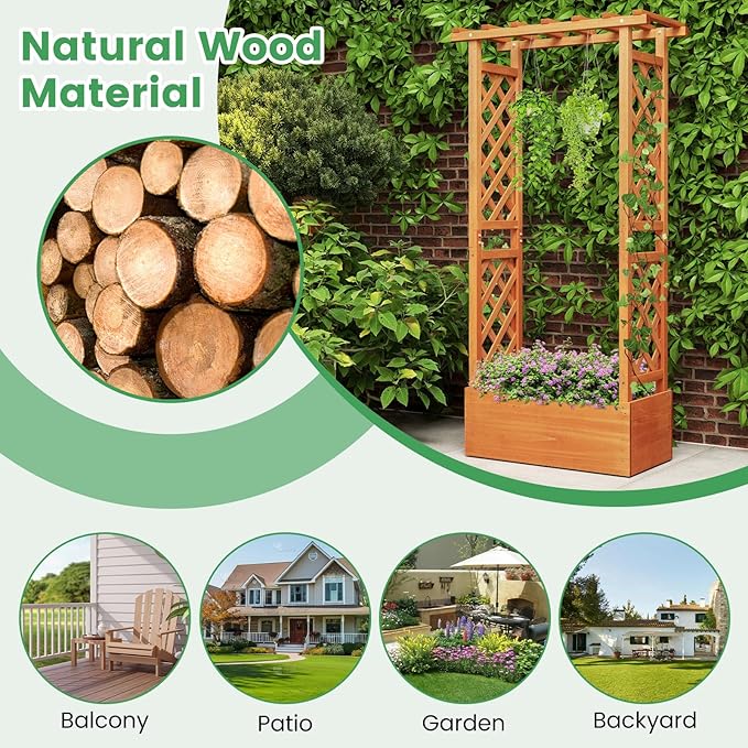 Giantex Raised Garden Bed with 2-Sided Trellis & Hanging Roof, Fir Wood Planter Box w/Drainage Holes, Bottom Gaps, Freestanding Garden Planter for Flowers Herbs Climbing Vines (31" x 12.5" x 60")