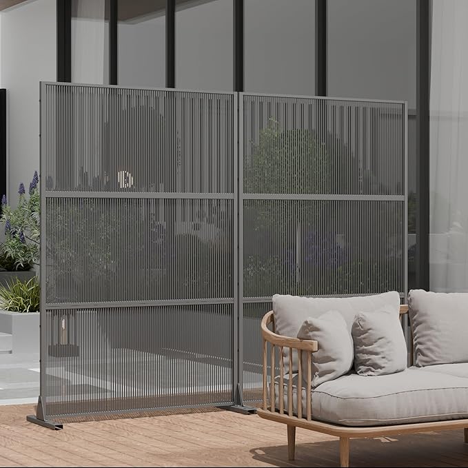 Casaphoria Metal Privacy Screen Outdoor, 72" H x 47" W Freestanding Decorative Privacy Screen for Patio Deck Balcony Garden with Stable Base, Black-Vertical Stripe