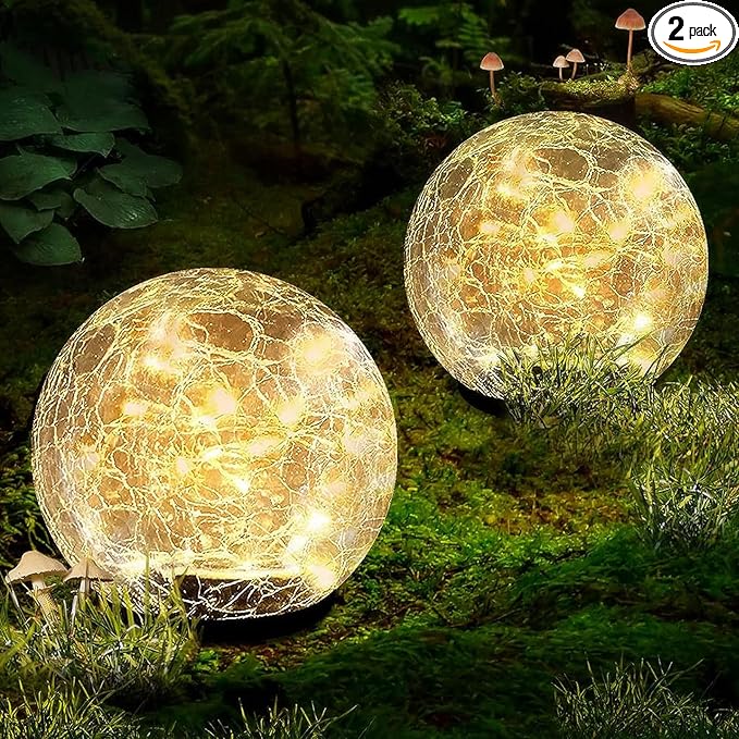 Coroor Garden Solar Ball Lights Outdoor Waterproof, 30 LED Cracked Glass Globe Solar Power Ground Lights for Path Yard Patio Lawn, Christmas Decoration Landscape Warm White(2 Pack 3.9'')