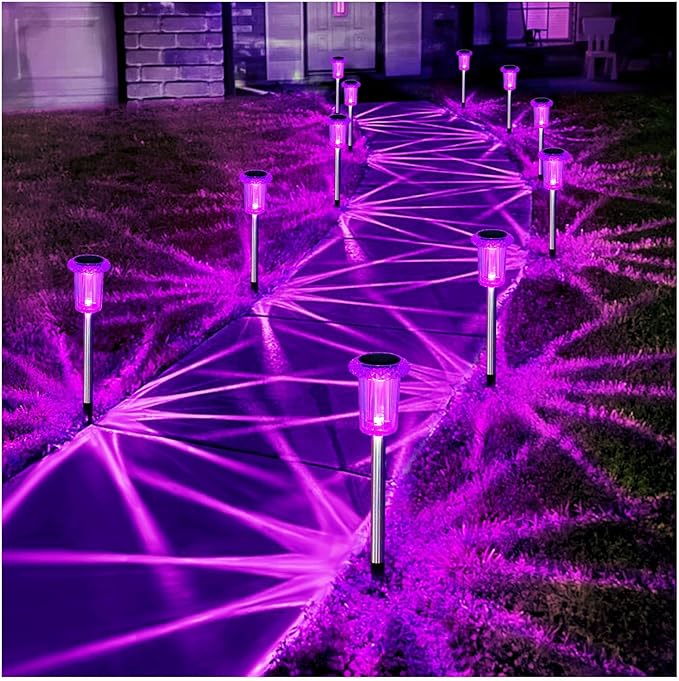 Halloween Solar Lights Outdoor 15 Pack Solar Pathway Lights Outdoor Halloween Decorations Waterproof Yard Lighting for Driveway Garden Walkway Path Landscape Lawn (Purple)