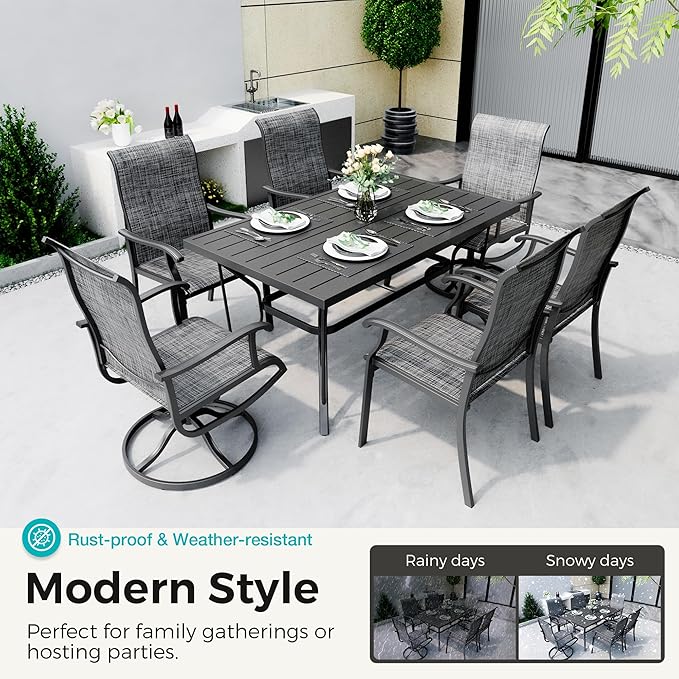 Pamapic 7-Piece Outdoor Dining Set, Patio Dining Set for 6, All-Weather Outdoor Patio Set with 2 Textilene Swivel Chairs & 4 Regular Chairs for Garden, Poolside, Deck，Gray