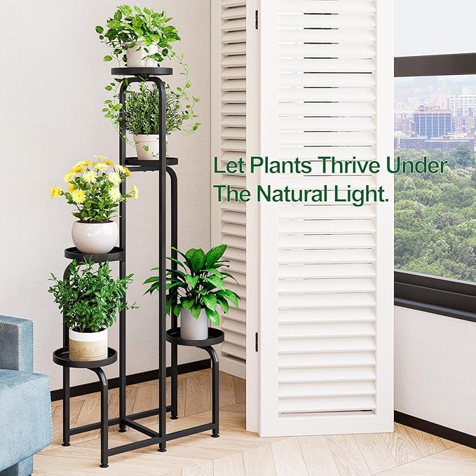 Plant Stand Indoor Outdoor 5 Tier Metal Plant Shelf for Multiple Plants Corner Flower Holders for Living Room Balcony Bedroom Patio Garden, Black (Black, 5-Tier)