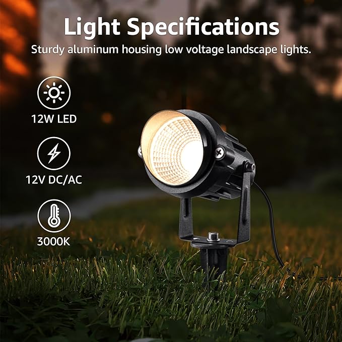SUNVIE 12 Pack Low Voltage Landscape Lights with 300W Transformer 12-24V LED Landscape Lighting Kit 3000K Waterproof Aluminum Landscape Spotlights with Wire Connectors for House Yard Tree Garden
