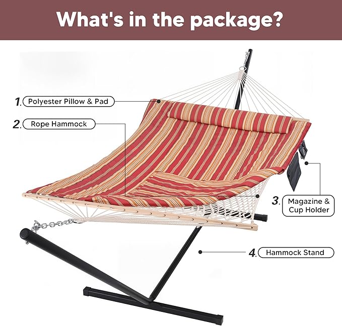 SUNCREAT Hammocks Portable Hammock with Stand, Hammock with Stand 2 Person Heavy Duty for Bedroom, Backyard, Patio, Balcony, Red Stripe