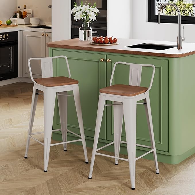 Yongchuang 30 inch Bar Stools Set of 2 Kitchen Bar Height Chairs with Wood Seat Industrial Low Back Metal Barstools Cream White