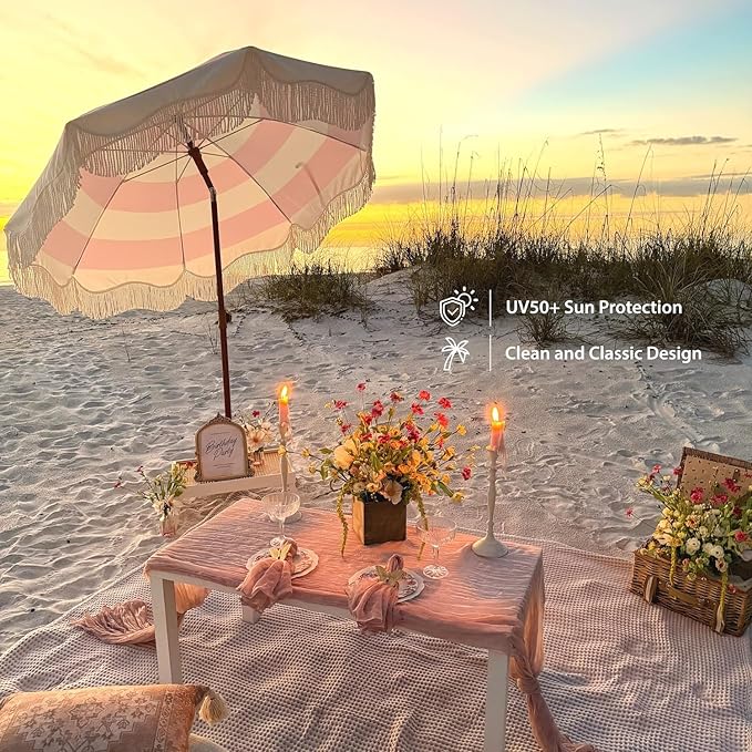 AMMSUN Boho Fringe Umbrella Outdoor Patio, 6.5ft UPF50+ Picnic Umbrella with Tassels with Steel Pole and Push Button Tilt, Pink Stripes