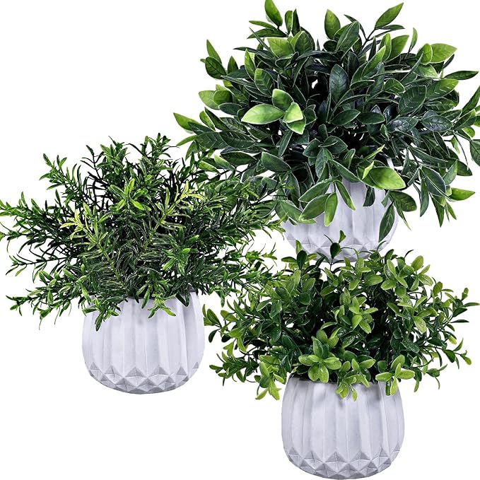 Winlyn 3 Pcs Faux Potted Plants Set - Artificial Eucalyptus, Rosemary, Boxwood Greenery in Small White Geometric Planters for Indoor Outdoor Desk Table Centerpiece Shelf Windowsill Home Office Decor