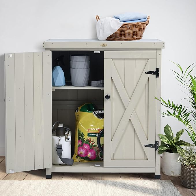 HABAU Outdoor Storage Cabinets Weatherproof for Patio, Garden Work Bench with Shelves & Metal Tabletop, Wooden Potting Table Workstation