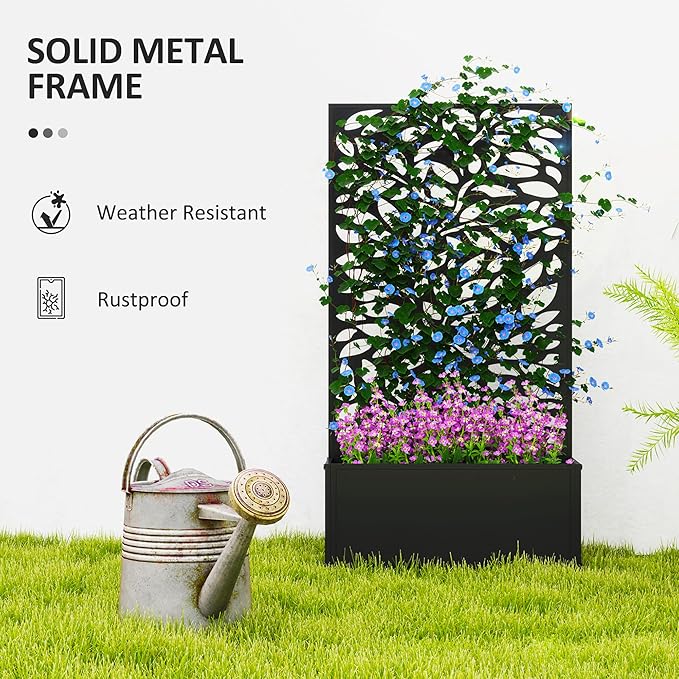 Outsunny Metal Raised Garden Bed with Trellis for Climbing Plants, Freestanding or Wall Mounted Flower Bed with Privacy Panel, Leaves Cut-Outs Outdoor Planter Box for Garden, Patio, Balcony