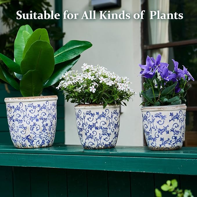 Vintage Ceramic Planter with Drainage Hole, Plastic Tray & Mesh, 5.5 Inch - Indoor/Outdoor Flower Pot, Blue Floral Rustic Farmhouse Design Plant pot for Home, Office & Garden Décor, Ideal Gift