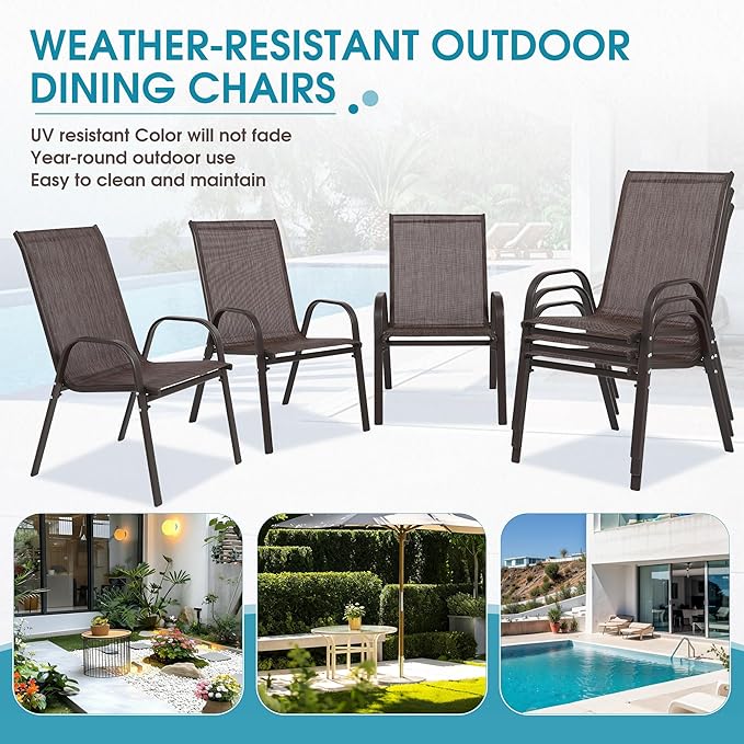 Outdoor Stackable Chairs Set of 6, Stacking Patio Chairs with Textilene Fabric, Outside Furniture for Garden Backyard Balconie Poolside Deck, Brown