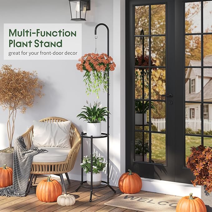 2-Tier Hanging Plant Stand Indoor and Outdoor , Space-Saving Iron Planter Shelves, Multiple Flower Pot Display Holder Shelf with Hanging Hook, Corner Plant Stands (Black)