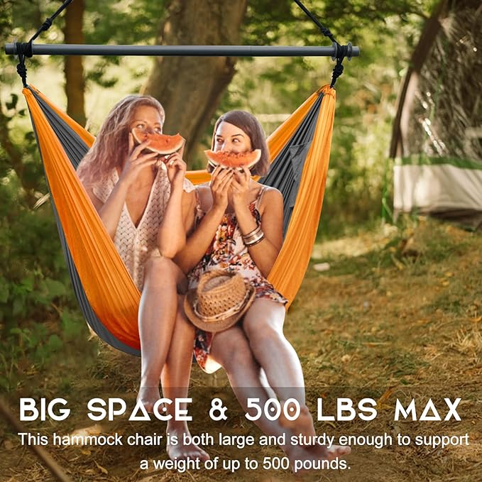 Hammock Chair, Portable Large Hanging Rope Swing, Lightweight Nylon Parachute, Max 500 Lbs, Detachable Metal Support Bar Hammock Chair Swing for Outdoor, Indoor, Bedroom (Orange, Dark Gray)