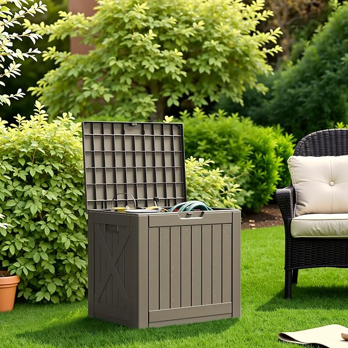 Flamaker Resin Deck Box 40 Gallon Waterproof Outdoor Indoor Storage Box Imitation Wood Resin for Patio Furniture Garden Tools and Pool (Brown)