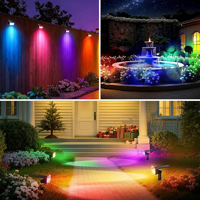 WdtPro Solar Color Changing Spot Lights, 8 Lighting Modes Solar Lights Outdoor Waterproof, Multicolor RGB Outdoor Light, 7 Colors Auto Cycling Landscape Spolights for Yard Garden Decoration, 6 Pack